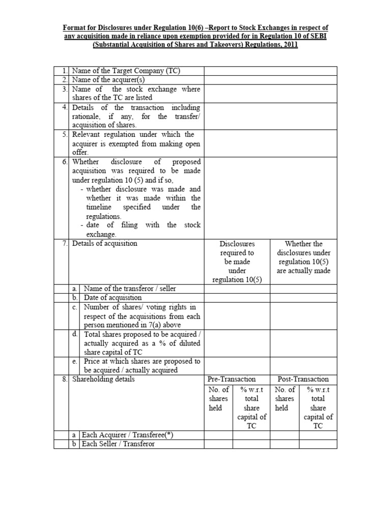 SEBI Regulation 10(6) Disclosure Format | PDF | Mergers And ...