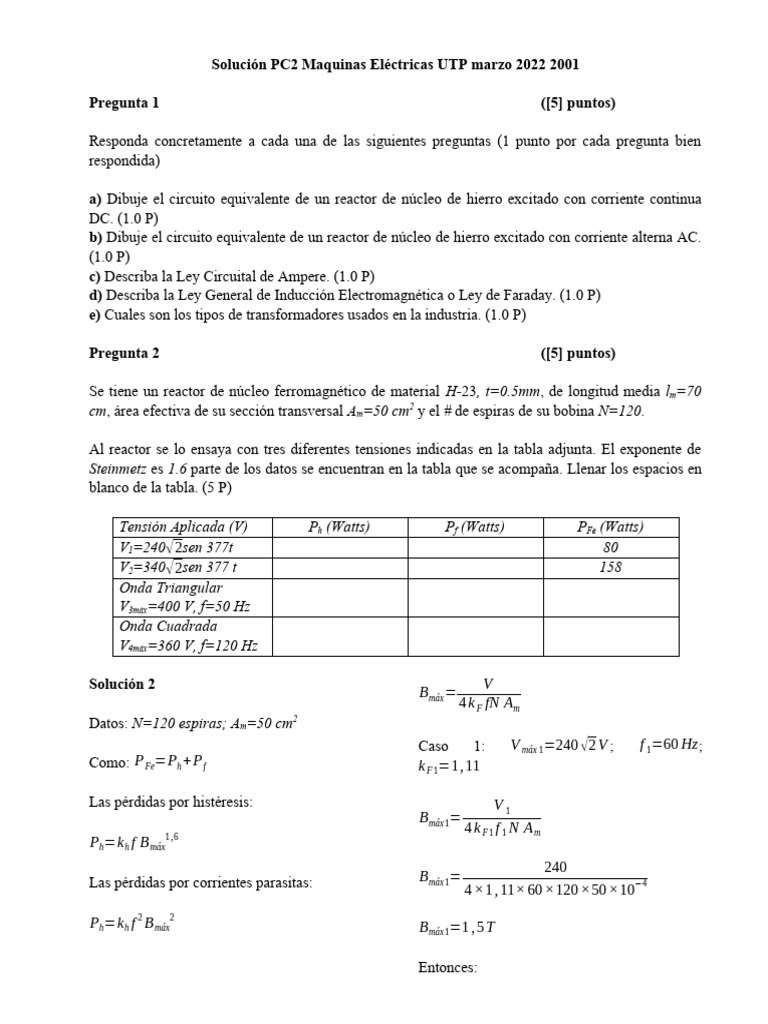 Solución PC2 Maquel UTP Marzo 2022 2001 | PDF | Transformador | Inductor
