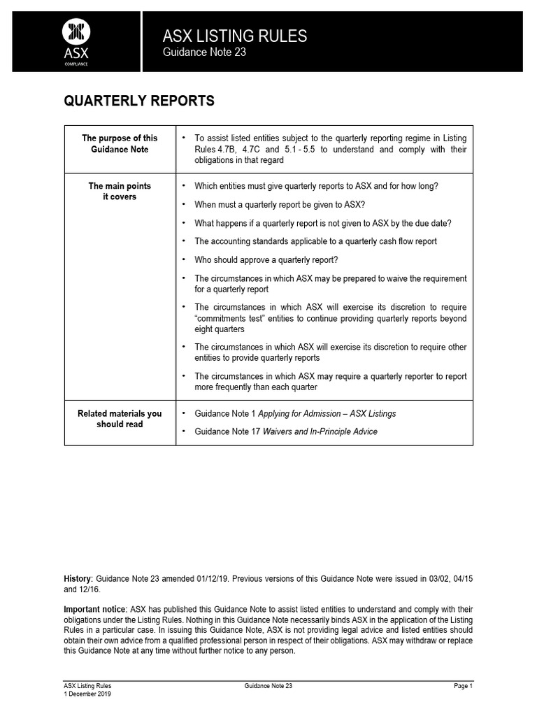 ASX Quarterly Reporting Guide | PDF | Audit | Financial Statement