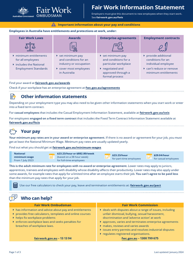Fair Work Information Statement 2025 Download Free PDF Employment Minimum Wage