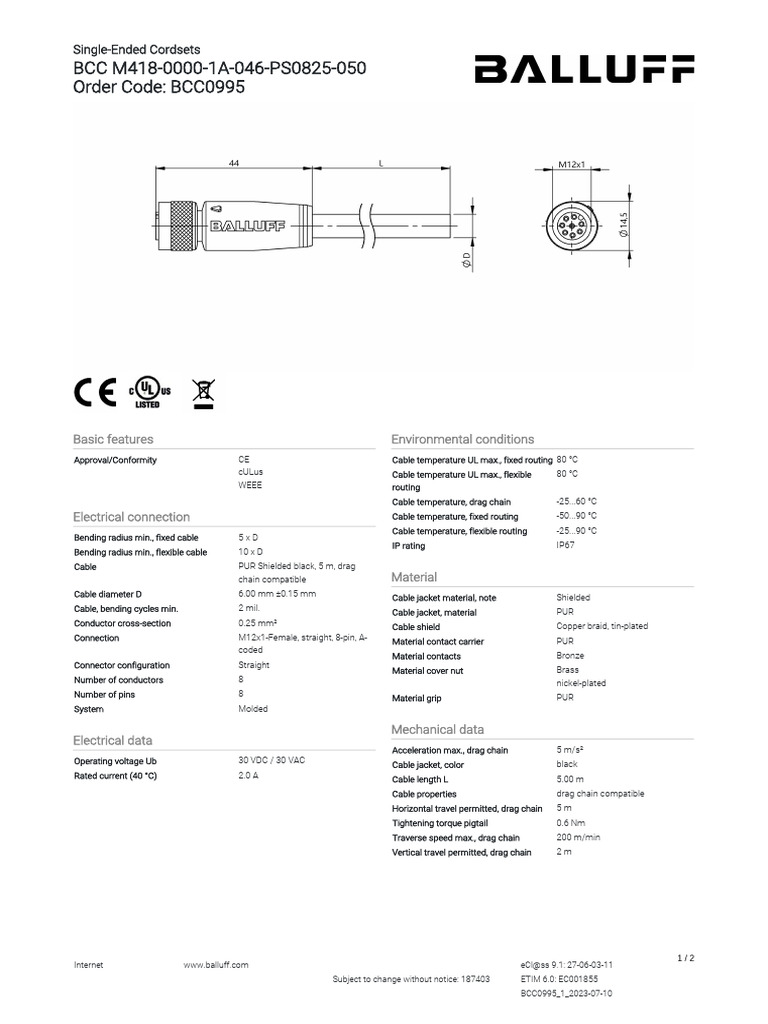 Balluff BCC0995 Cordset Specifications | PDF | Electrical Connector ...