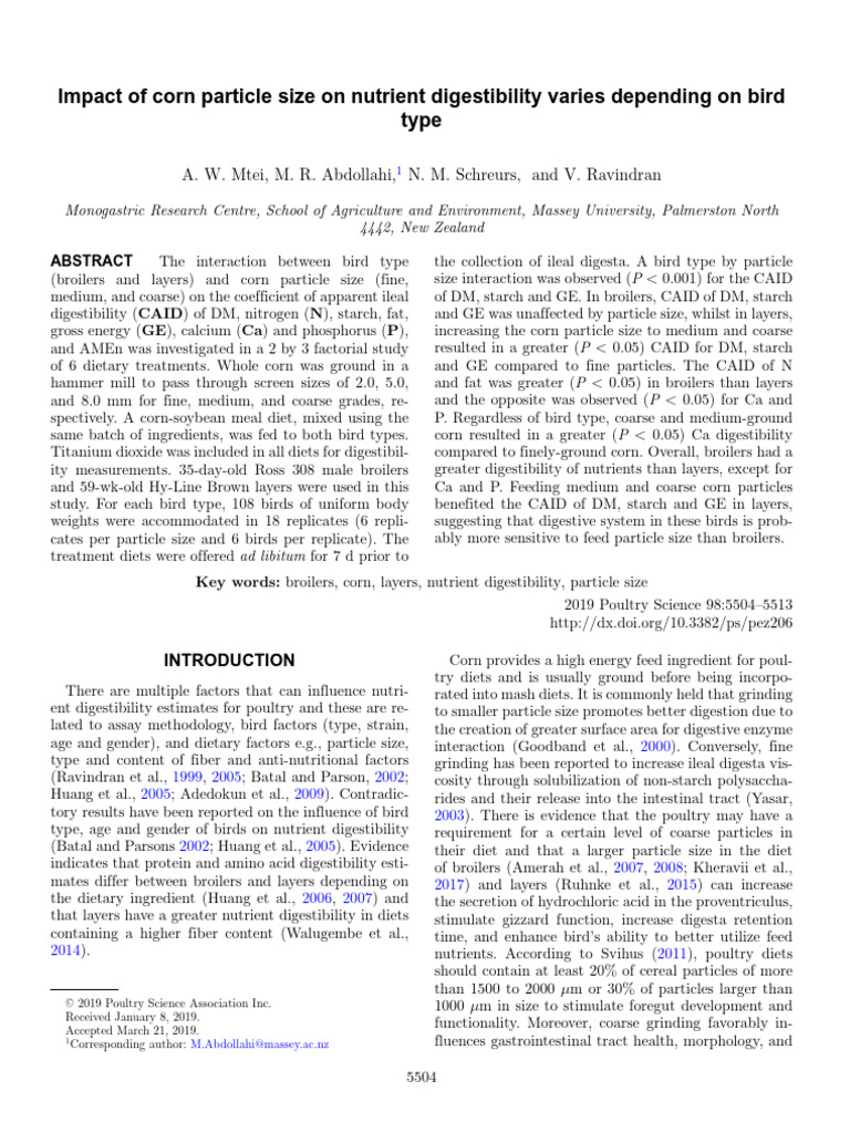 Corn Particle Size Effects on Bird Digestibility | PDF | Biology