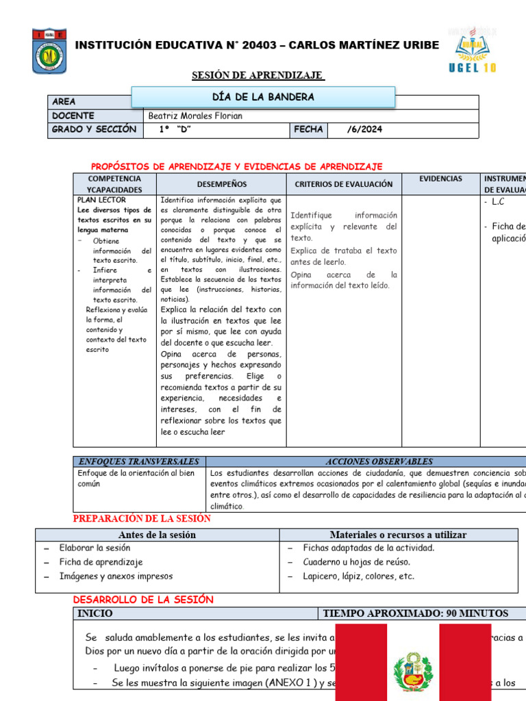 Plan Lector: Día de la Bandera en 1° D | PDF | Aprendizaje | Cognición