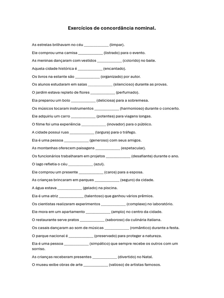 Exercícios de Concordância Nominal | PDF | Métodos e Materiais de ...