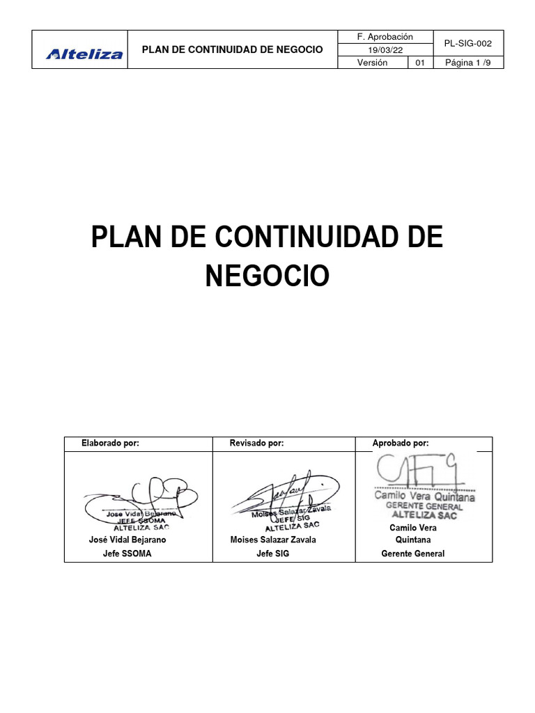 PL Sig 002 Plan de Continuidad de Negocio | PDF