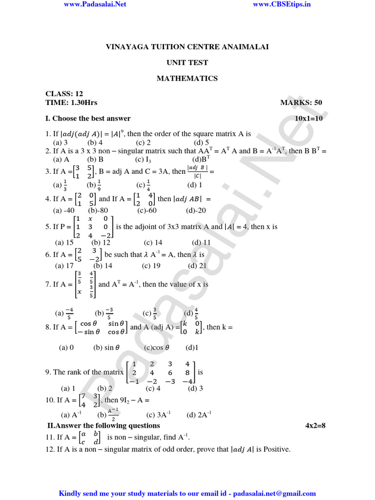 12th Maths Model Question Paper English Medium Pdf Linear Algebra