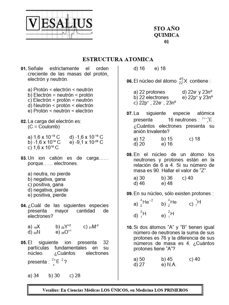 5TO AÑO QUIMICA 2da Pract 11-1-10 | PDF | Protón | Neutrón