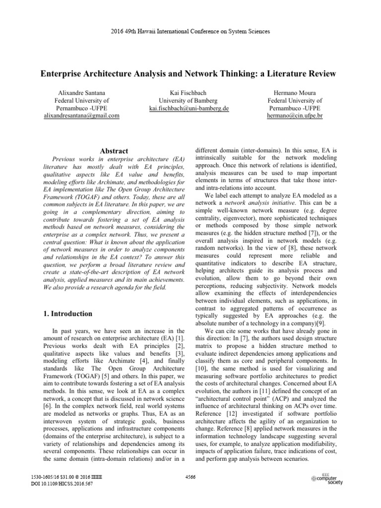 Enterprise Architecture Analysis and Network Thinking. A Literatura ...