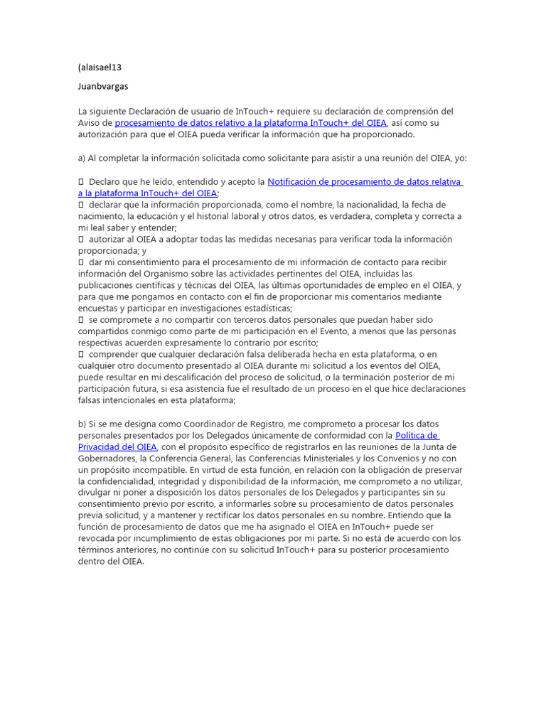 Declaración de usuario InTouch+ OIEA | PDF | Agencia Internacional de ...