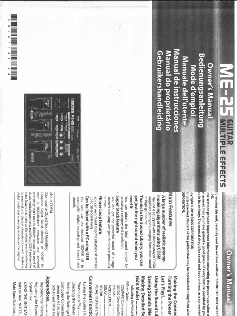 Manuel D'utilisation BOSS ME-20 – Multi-effets Guitare – Français – Occasion