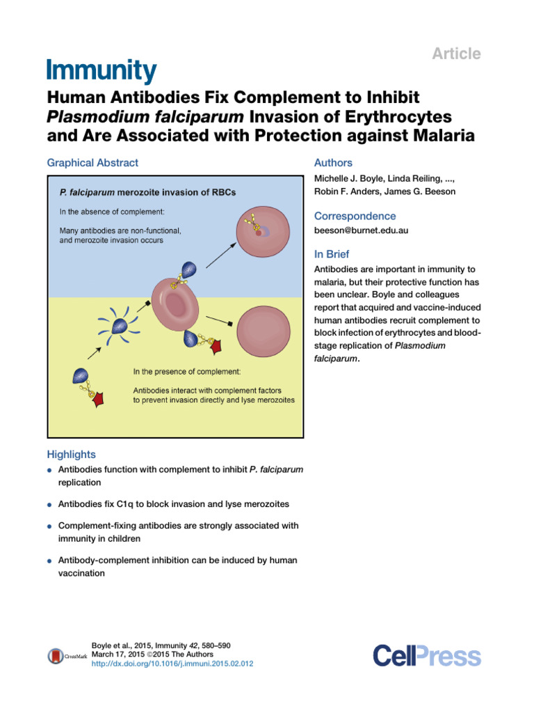 Human Antibodies Fix Complement To Inhibit Plasmodium Falciparum in ...