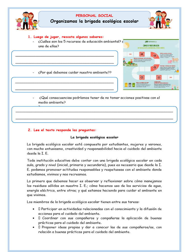 Ficha Ps Lun 10 La Brigada Ecologica Escolar 933623393 Prof Yessenia | PDF