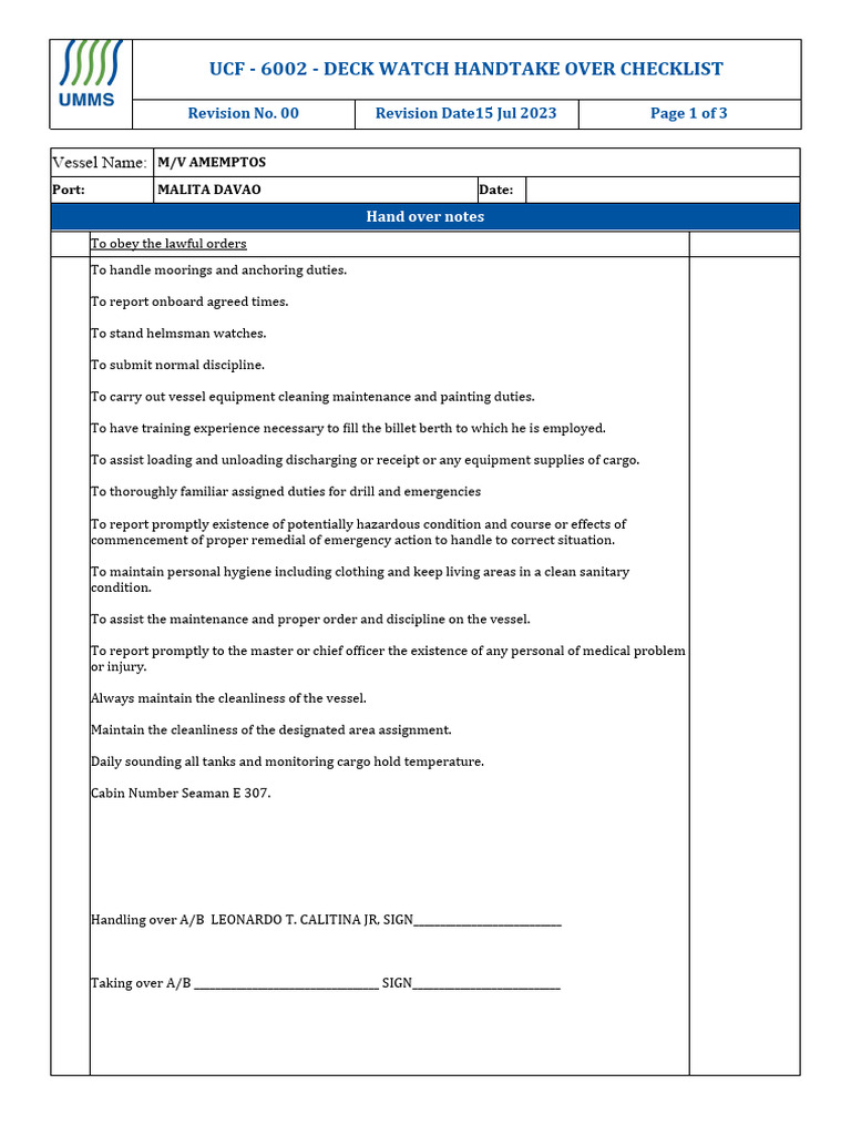 Ucf 6002 deck watch handtake over checklist pdf shipping freight