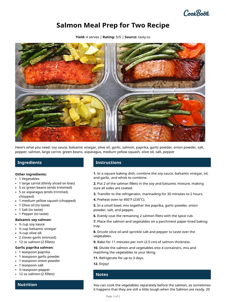 Salmon Meal Prep For Two Recipe | PDF | Garlic | Vegetables