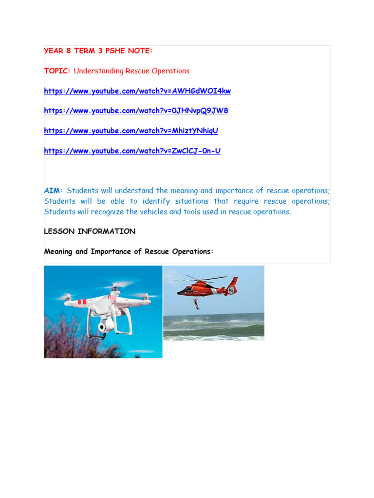 Year 8 Term 3 Pshe Note: TOPIC: Understanding Rescue Operations | PDF ...