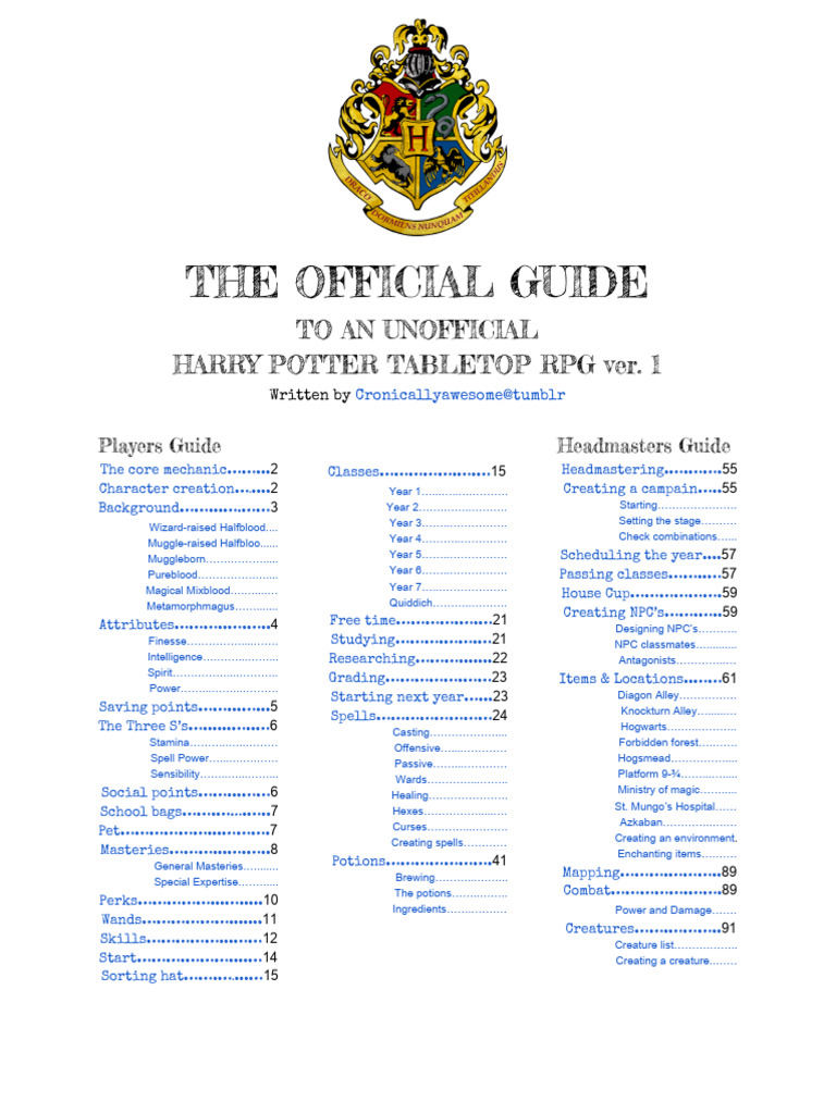 Unofficial Harry Potter Tabletop RPG Ver.1 PDF Harry Potter