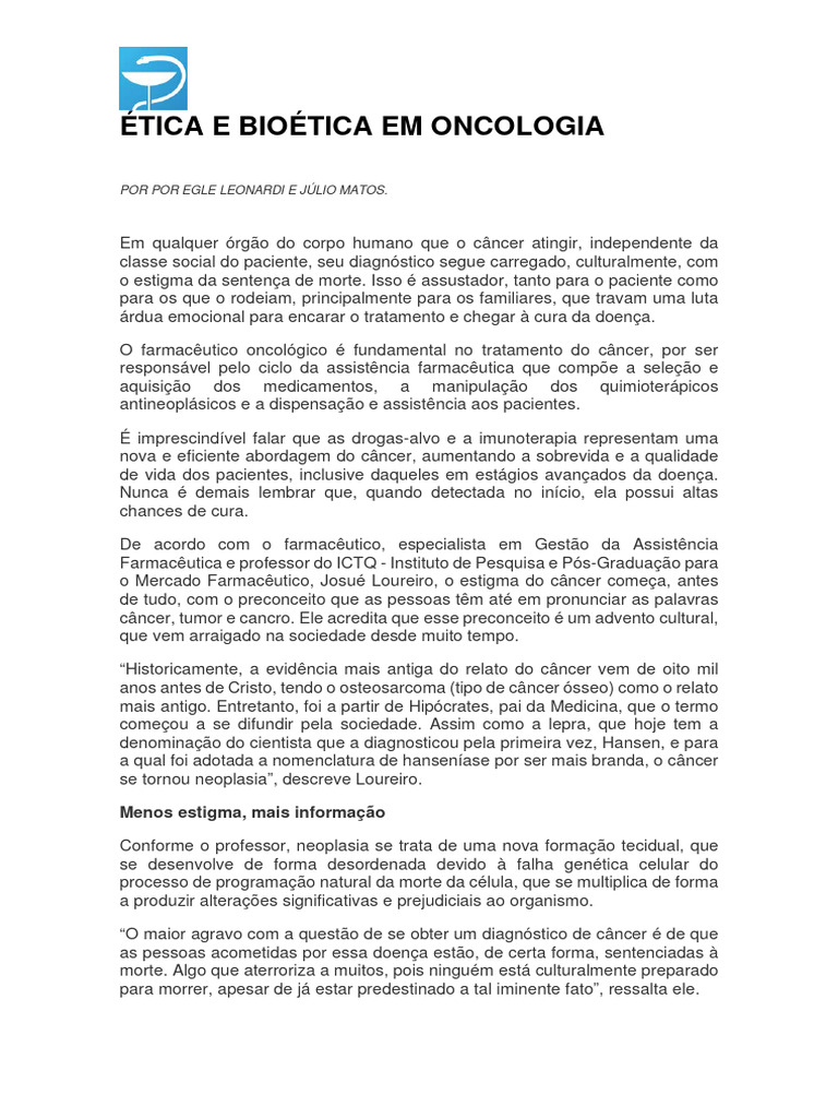  tica e bio tica em oncologia pdf c ncer farmac utico