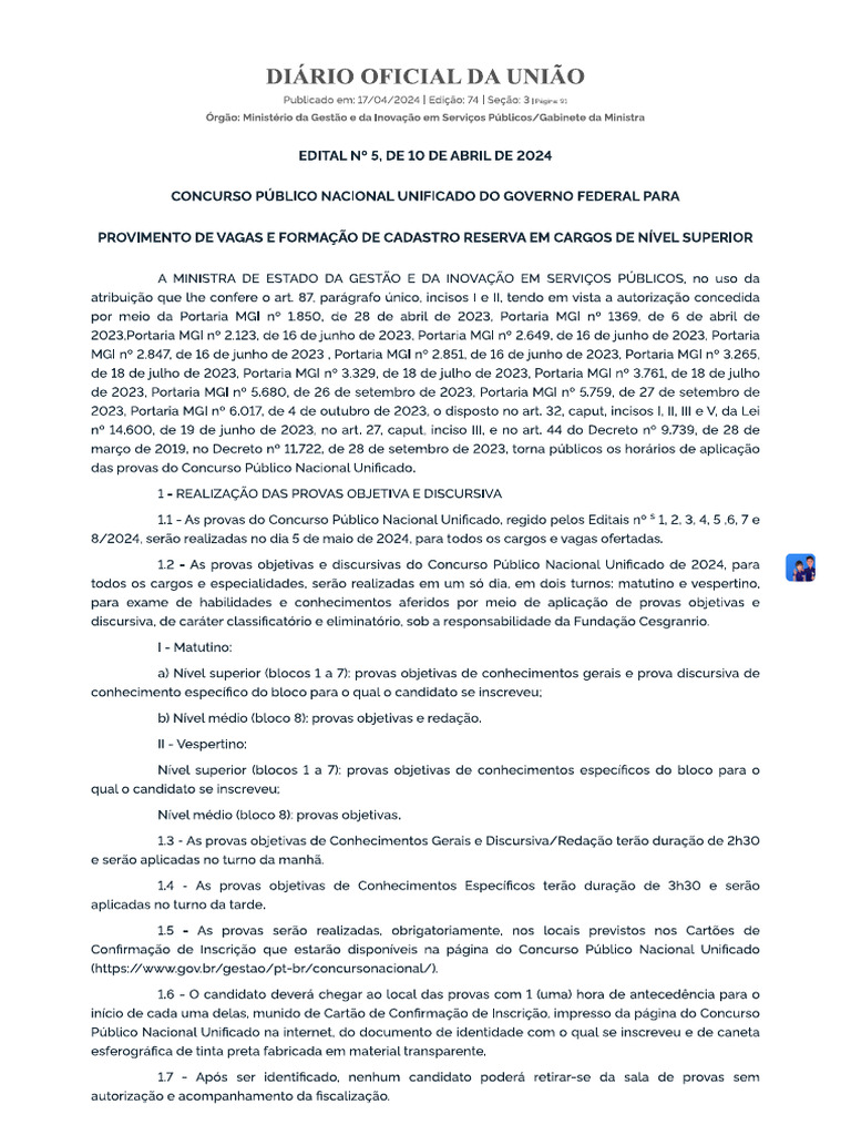 Edital Cpnu Todos Os Blocos Dou 17abr2024 | PDF