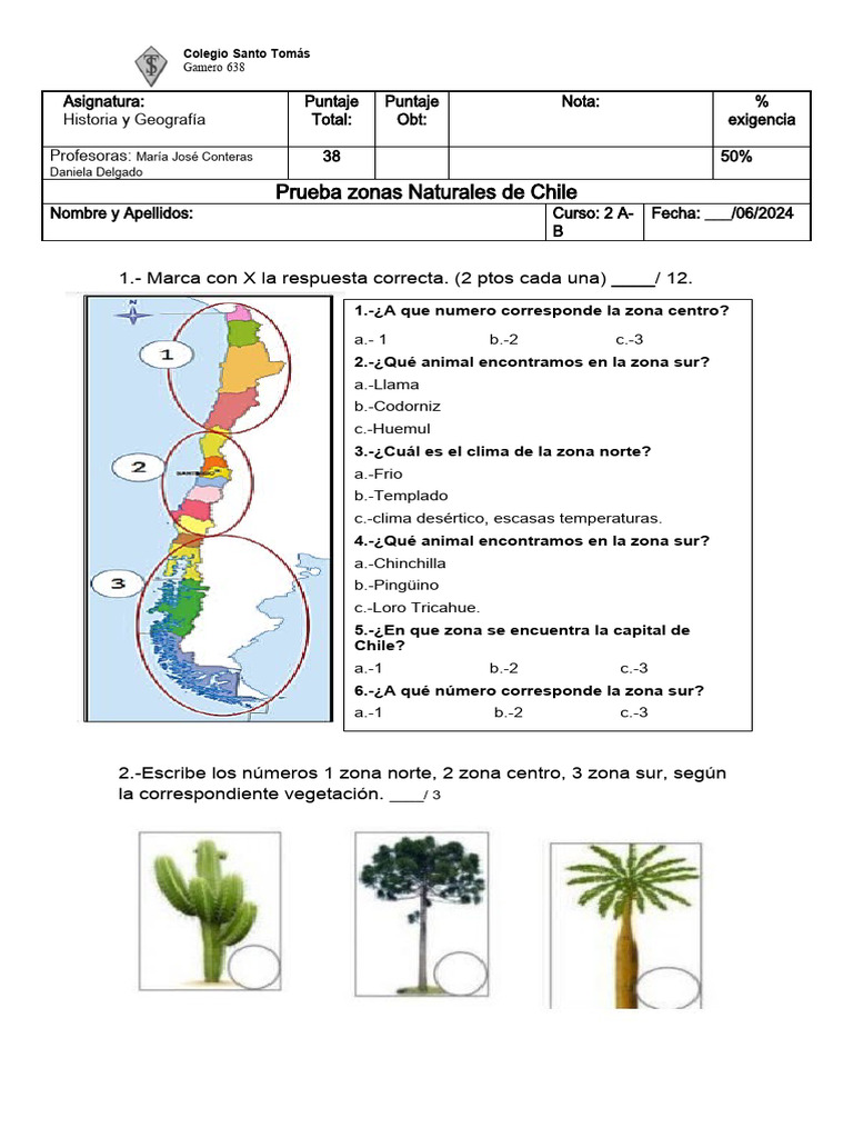 Prueba de Historia: Zonas Naturales de Chile | PDF | Ciencias de la Tierra