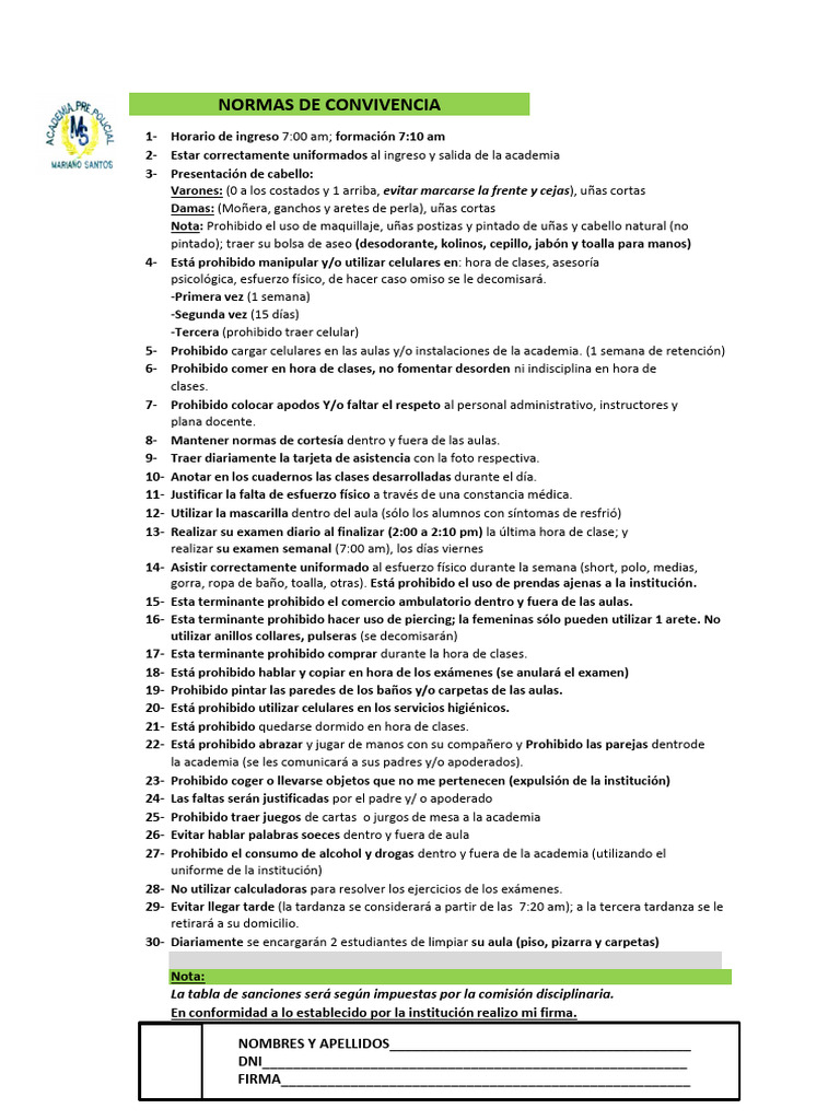 Normas de Convivencia Académica | PDF
