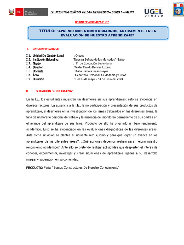 Unidad de Aprendizaje: Arte y Cultura 2024 | PDF | Aprendizaje | Evaluación