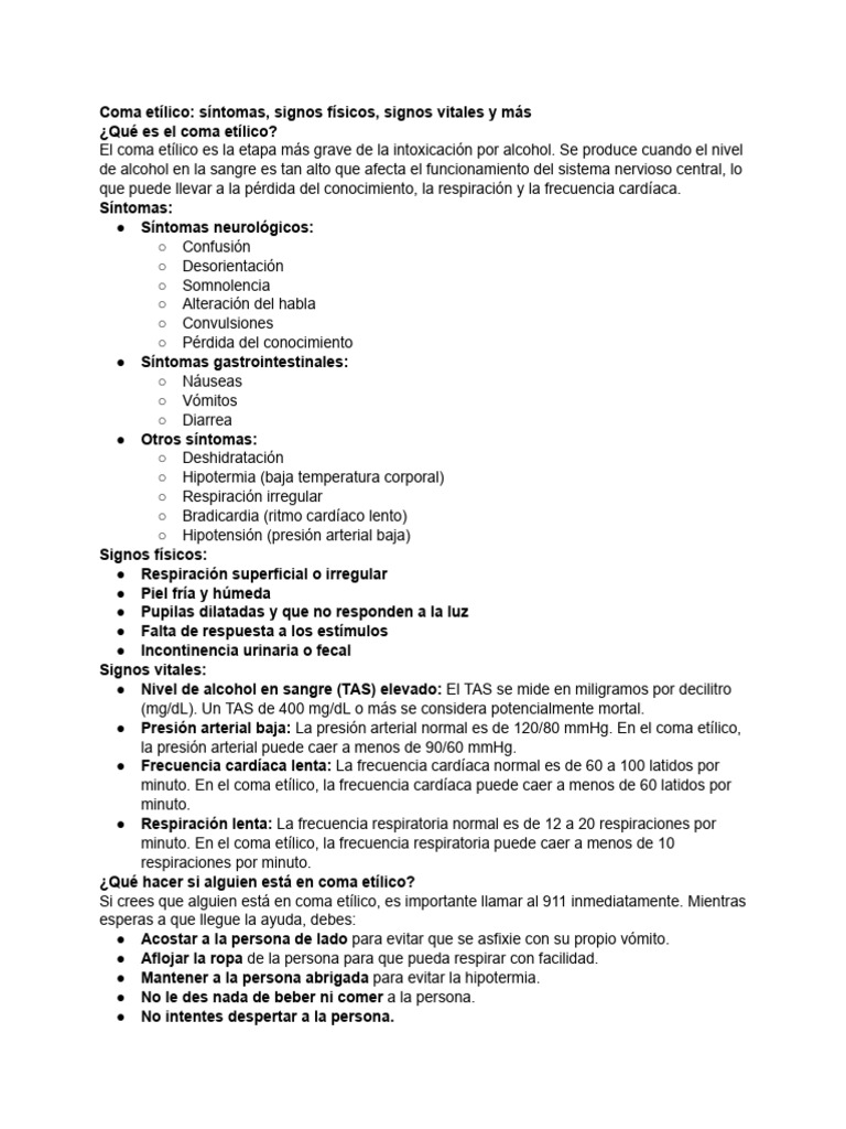 Sintomas, Signos Físicos, Signos Vitales y Todo Sobre El Coma Etilico ...
