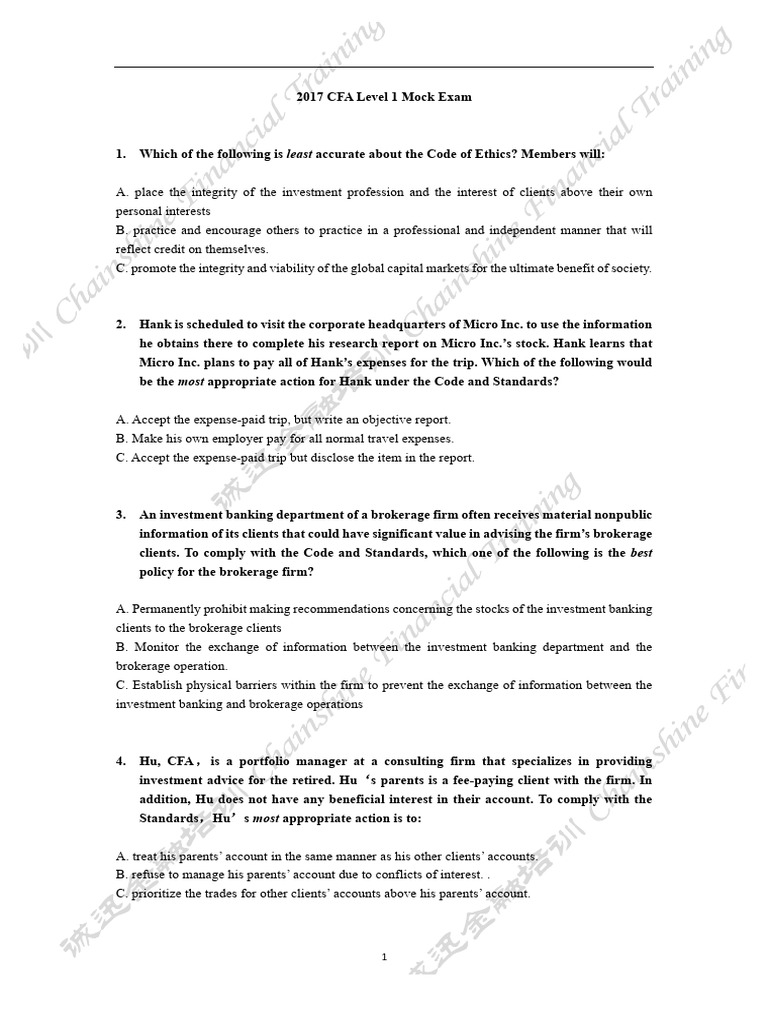 2017 CFA Level 1 Mock Exam Questions | PDF | Bonds (Finance) | Stocks