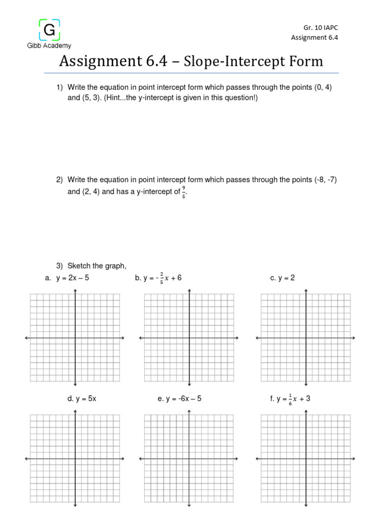 Slope-Intercept Form Assignment Guide | PDF