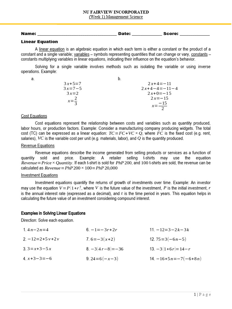 Understanding Linear Equations in Management | PDF | Equations ...