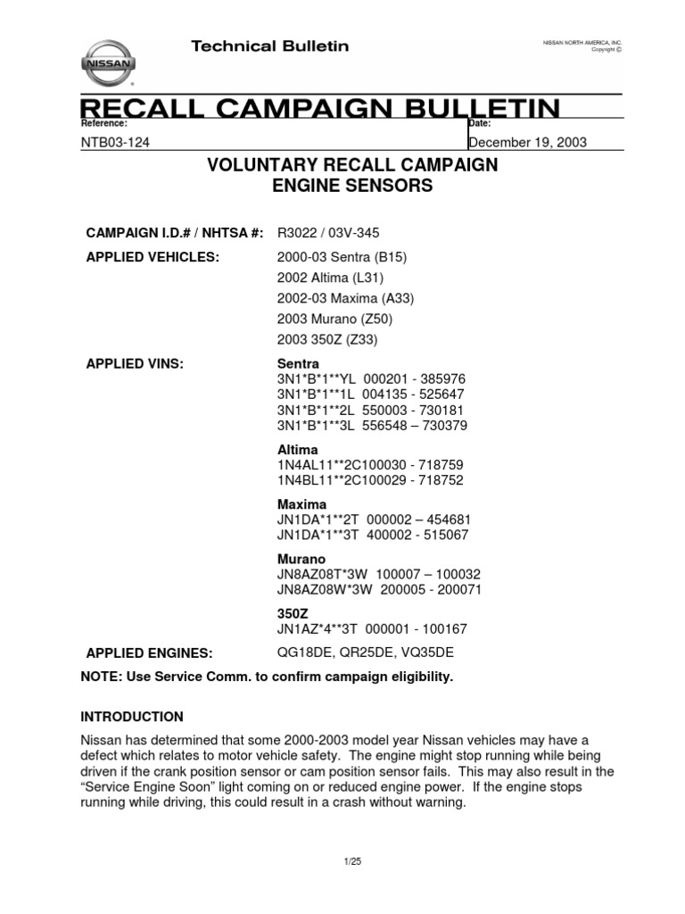 Nissan Engine Sensor Recall Notice | PDF | Throttle | Motor Oil