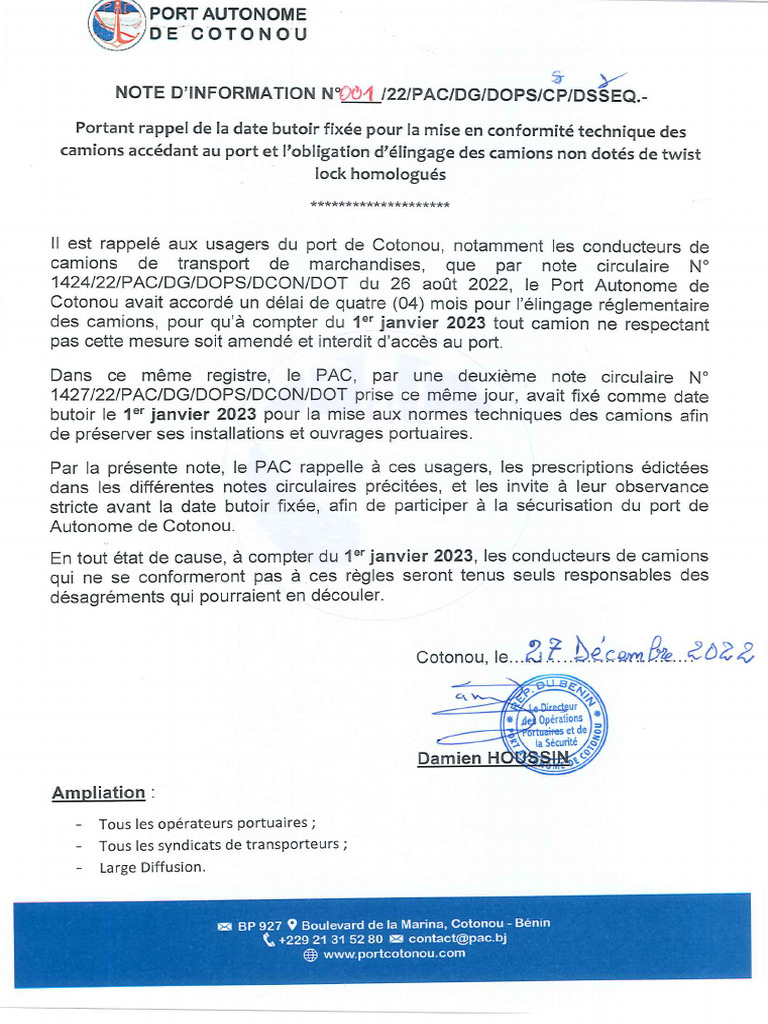Note Dinformation N°001 A S PORTANT RAPPEL DE LA DATE BUTOIR FIXEE POUR ...
