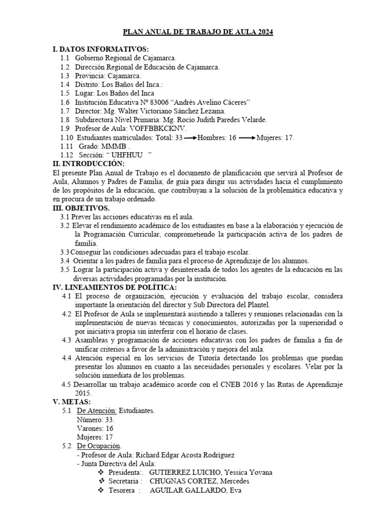 Plan Anual de Trabajo de Aula | PDF | Salón de clases | Evaluación