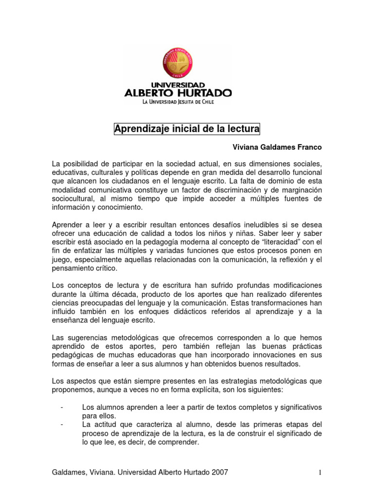 Aprendizaje de La Lectura Galdames | PDF | Aprendizaje | Salón de clases