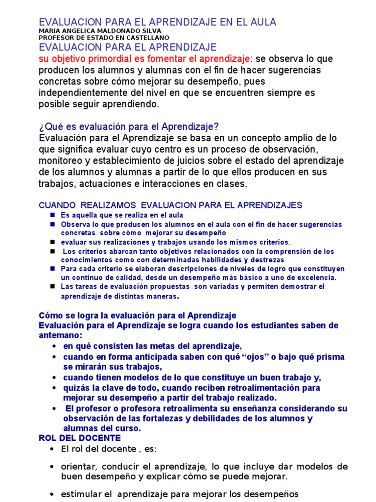Evaluación para el Aprendizaje en Aula | PDF | Aprendizaje | Evaluación