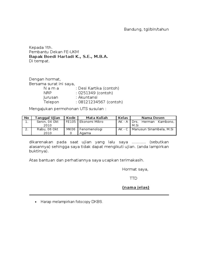 Contoh Surat an UTS Susulan