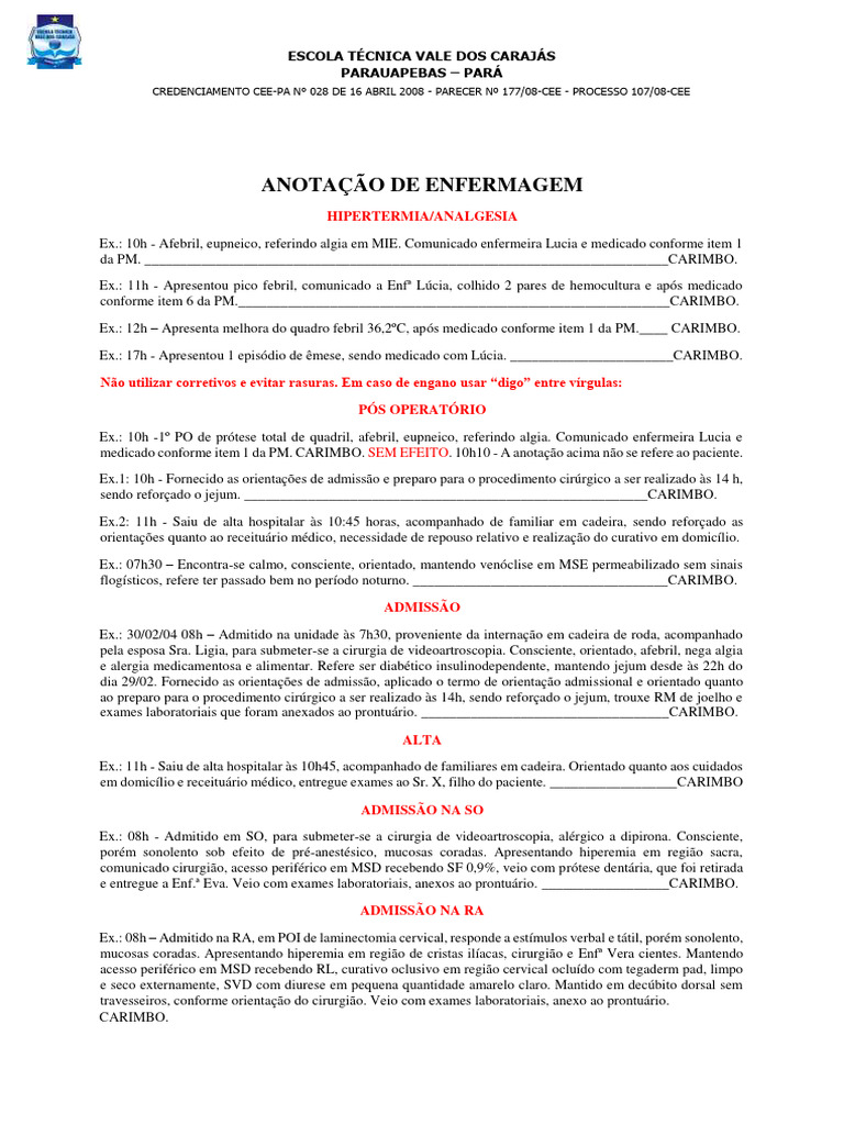 Exemplos de Anotações de Enfermagem | PDF | Medicina Clínica ...