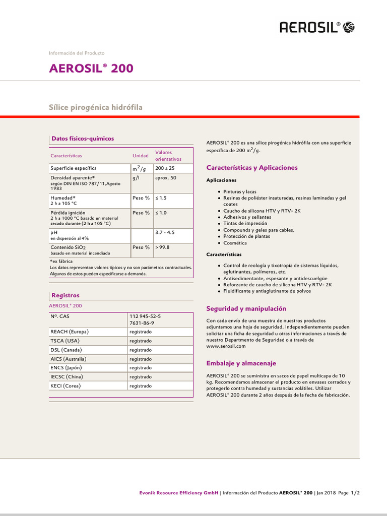 Ficha Técnica de AEROSIL® 200 | PDF | Materiales