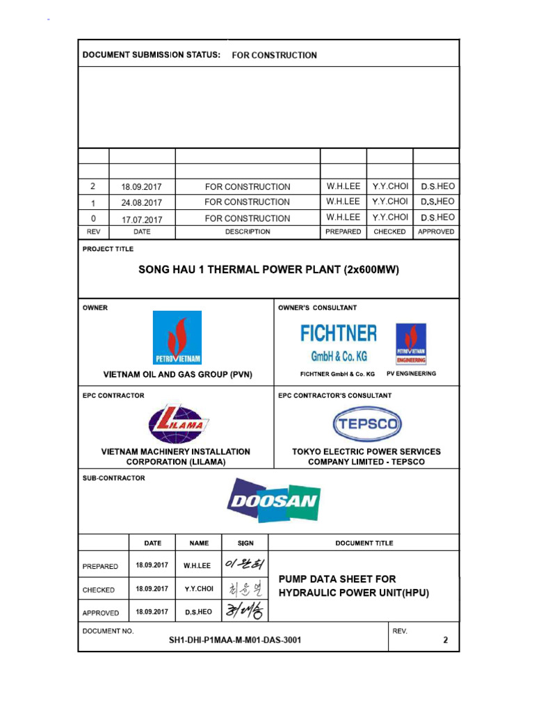 Pump Data Sheet for HPU | PDF | Pump | Horsepower