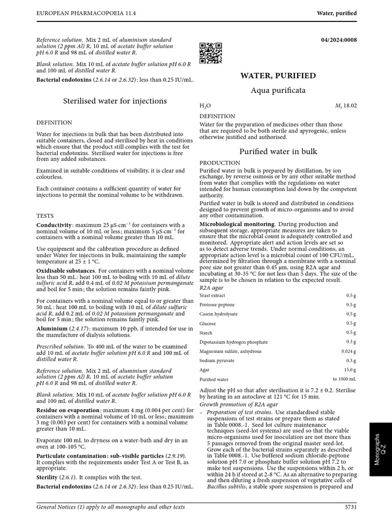 Sterilised Water For Injections Aqua Purificata | PDF | Water ...