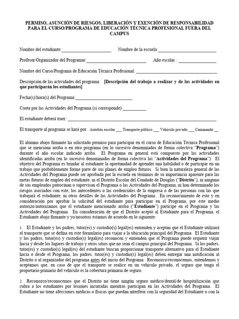 Assumption of risk and release for off campus cte course v1 spanish