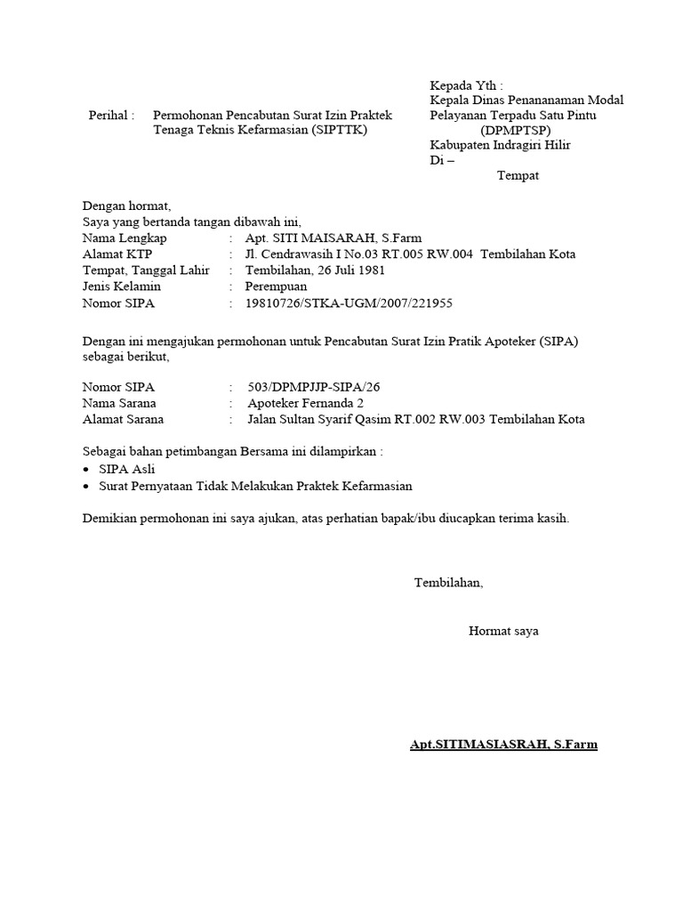 Surat Permohonan Pencabutan Izin Sipa | PDF