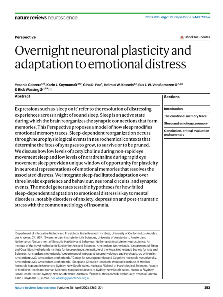 Overnight Neuronal Plasticity and Adaptation To Emotional Distress ...