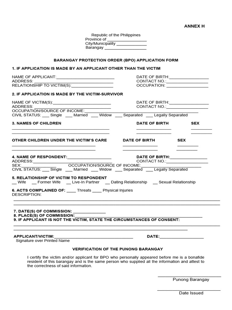 ANNEX H - Barangay Protection Order Application Form | Download Free ...