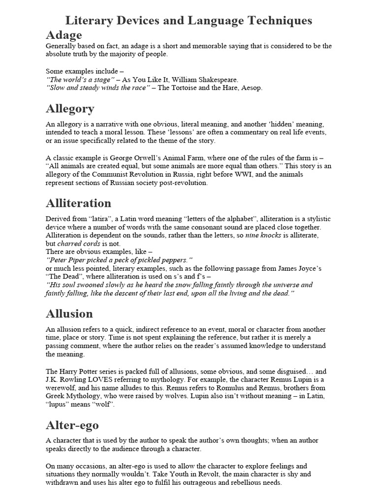 Literary Devices and Language Techniques PDF Irony Narrative