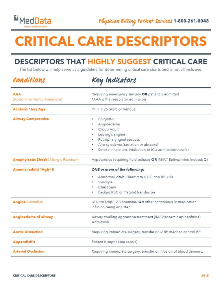 Critical Care Chart Descriptors Guide | PDF | Major Trauma | Thorax