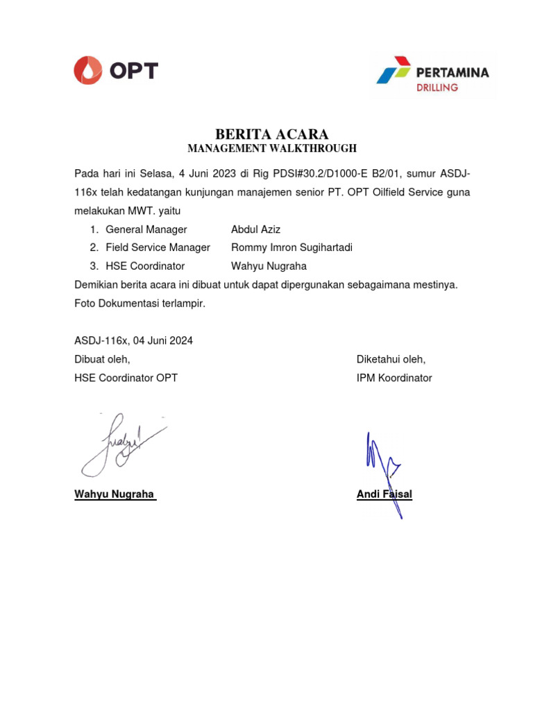 Berita Acara Management Walkthrough OPT | PDF