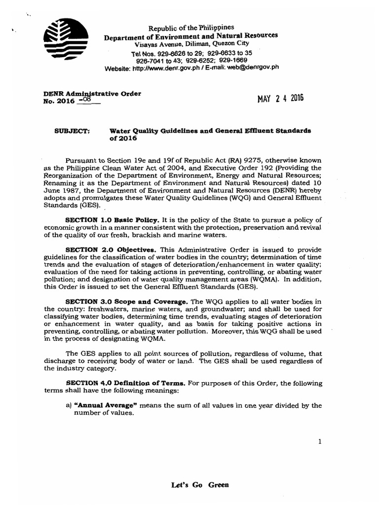 Dao 2016 08 - Water Quality Guidelines and General Effluent Standards | PDF