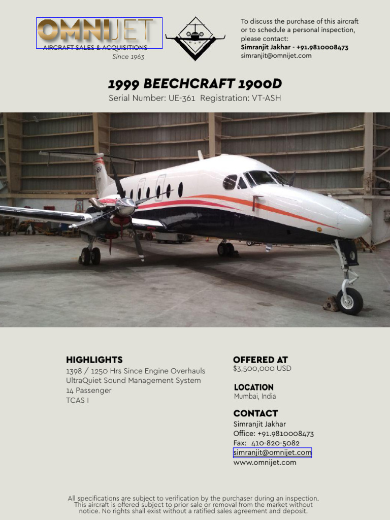 1999 Beechcraft 1900D for Sale in India | PDF | Aviation | Aircraft