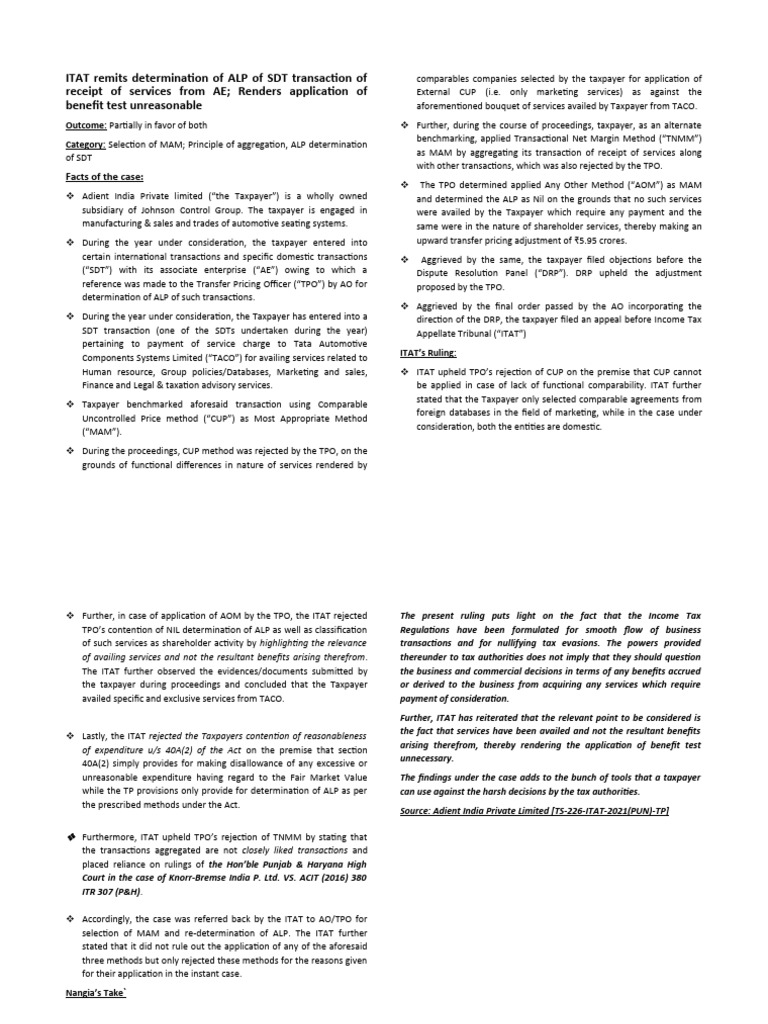 ITAT Ruling on Adient's ALP Determination | PDF | Taxes | Taxpayer