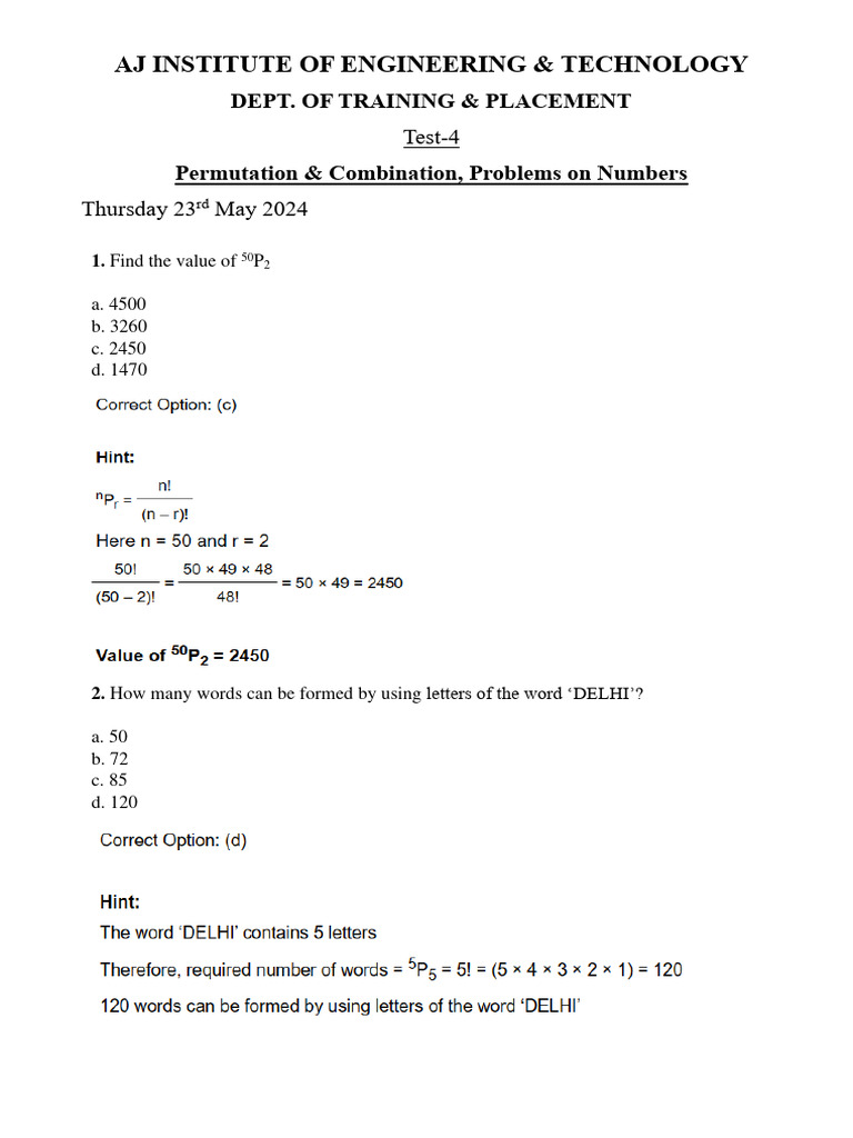 Test 4 permutation combination problems on numbers download free
